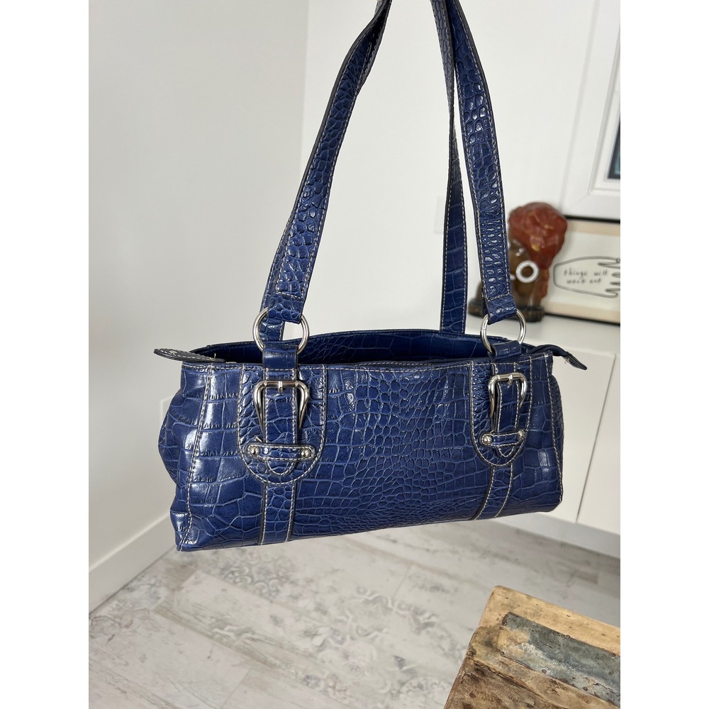 Croft & Barrow Navy Blue Crocodile Embossed Shoulder Bag Silver Buckle Accent